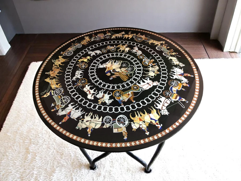 Stunning Black Marble Dining Table Featuring Intricate Inlay Design